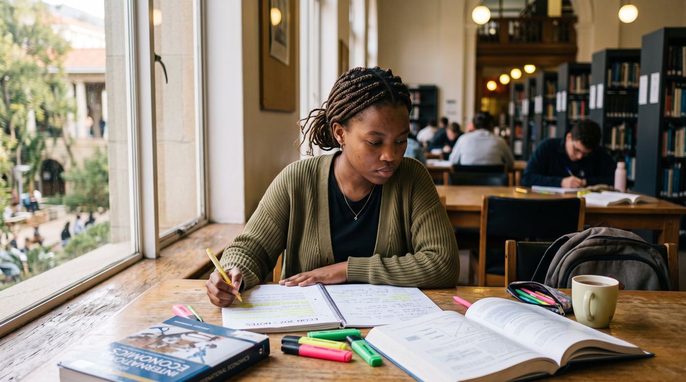 South African student revising for exams in a university library